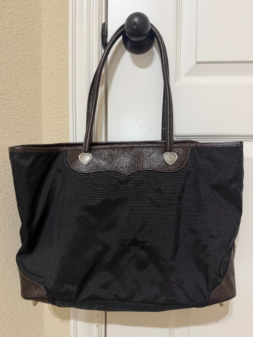 Vintage Black Nylon & Tooled Brown Leather Heart Shoulder Tote Bag Great Cond